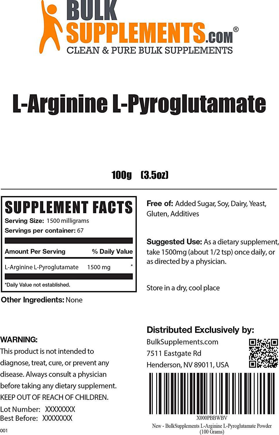 BulkSupplements.com L-Arginine L-Pyroglutamate Powder - Nitric Oxide Supplement - Blood Flow Supplement (100 Grams - 3.5 oz)
