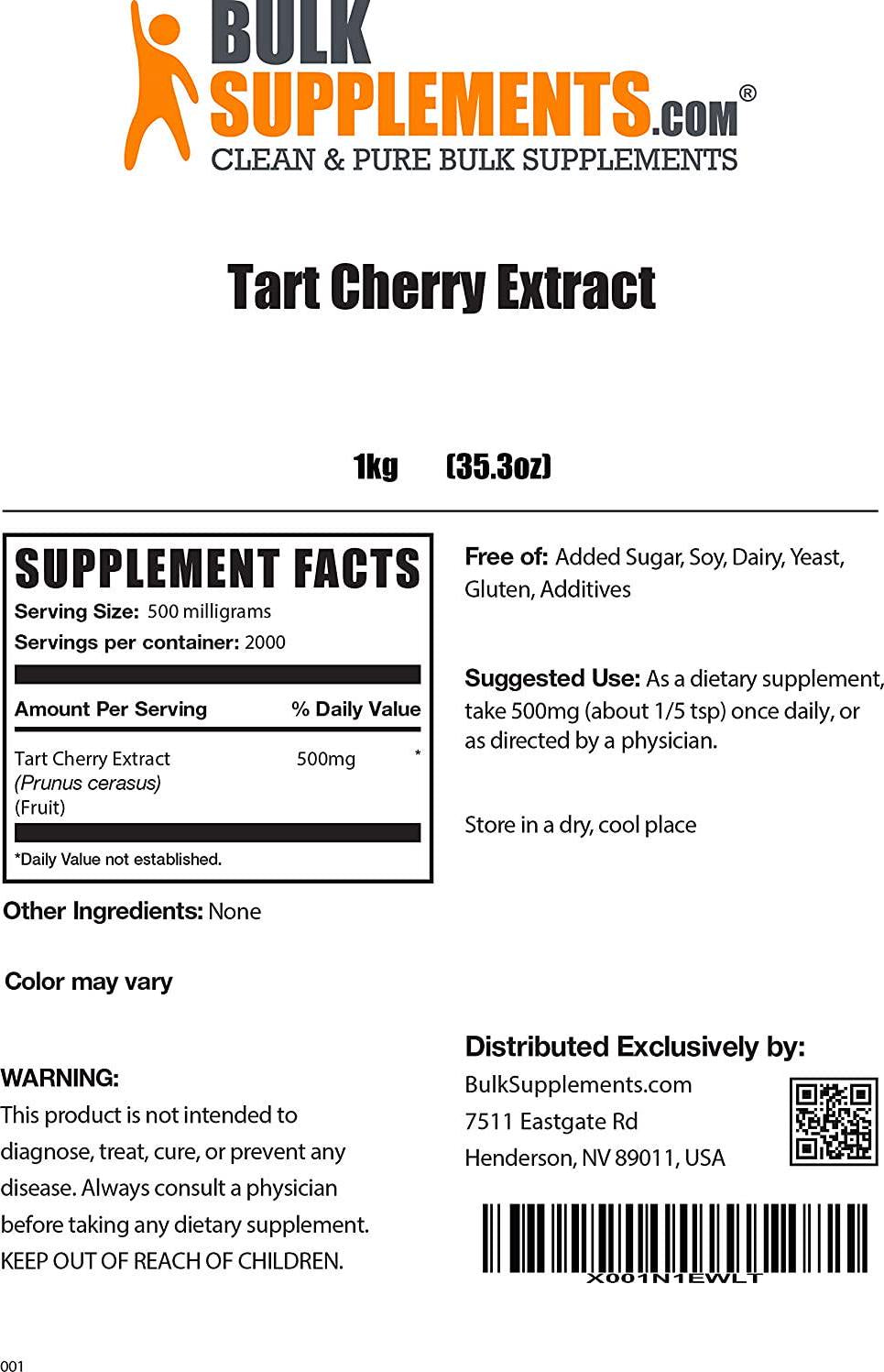BulkSupplements.com Tart Cherry Extract - Cherry Extract for Baking - Uric Acid Support - Dried Tart Cherries - Antioxidant Supplement - Sour Powder - Tart Cherry Powder (1 Kilogram - 2.2 lbs)