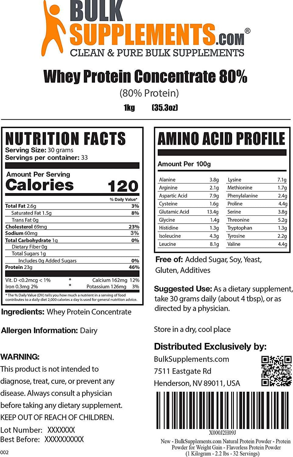 BulkSupplements.com Whey Protein Concentrate - Whey Protein Powder - Protein Powder Unflavored - Low Calorie Protein Powder - Protein Powder for Muscle Gain (1 Kilogram - 2.2 lbs)