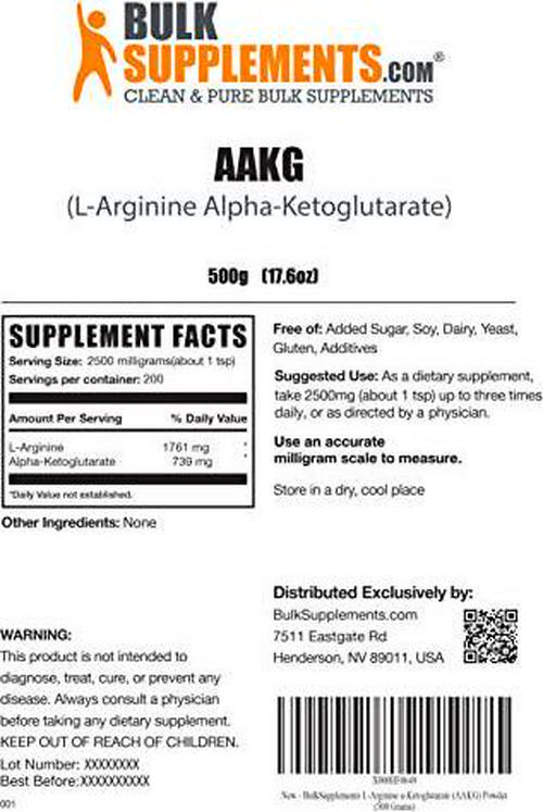 BulkSupplements.com L-Arginine Alpha-Ketoglutarate 2:1 - AAKG Powder - Arginine Supplement - Arginine AKG Supplement - Workout Powder - L Arginine Powder (500 Grams - 1.1 lbs)