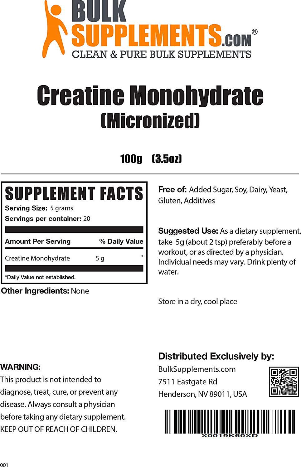 BulkSupplements.com Creatine Monohydrate Powder - Muscle Building Supplements - Creatine Powder - Weight Gainer for Women - Vegan Pre Workout - Weight Gain Supplements (100 Grams - 3.5 oz)