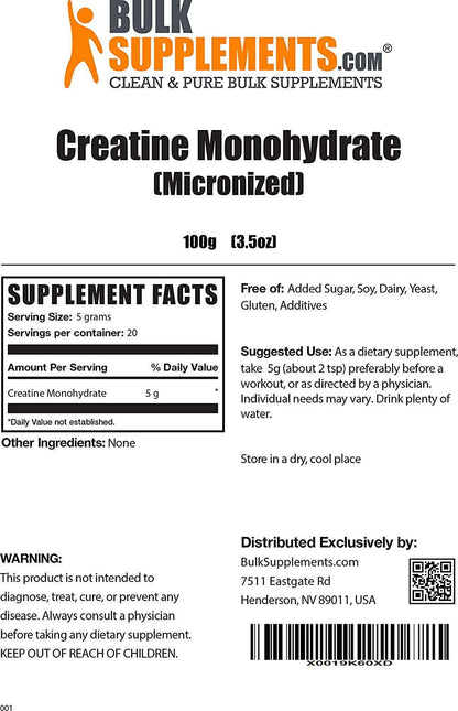 BulkSupplements.com Creatine Monohydrate Powder - Muscle Building Supplements - Creatine Powder - Weight Gainer for Women - Vegan Pre Workout - Weight Gain Supplements (100 Grams - 3.5 oz)