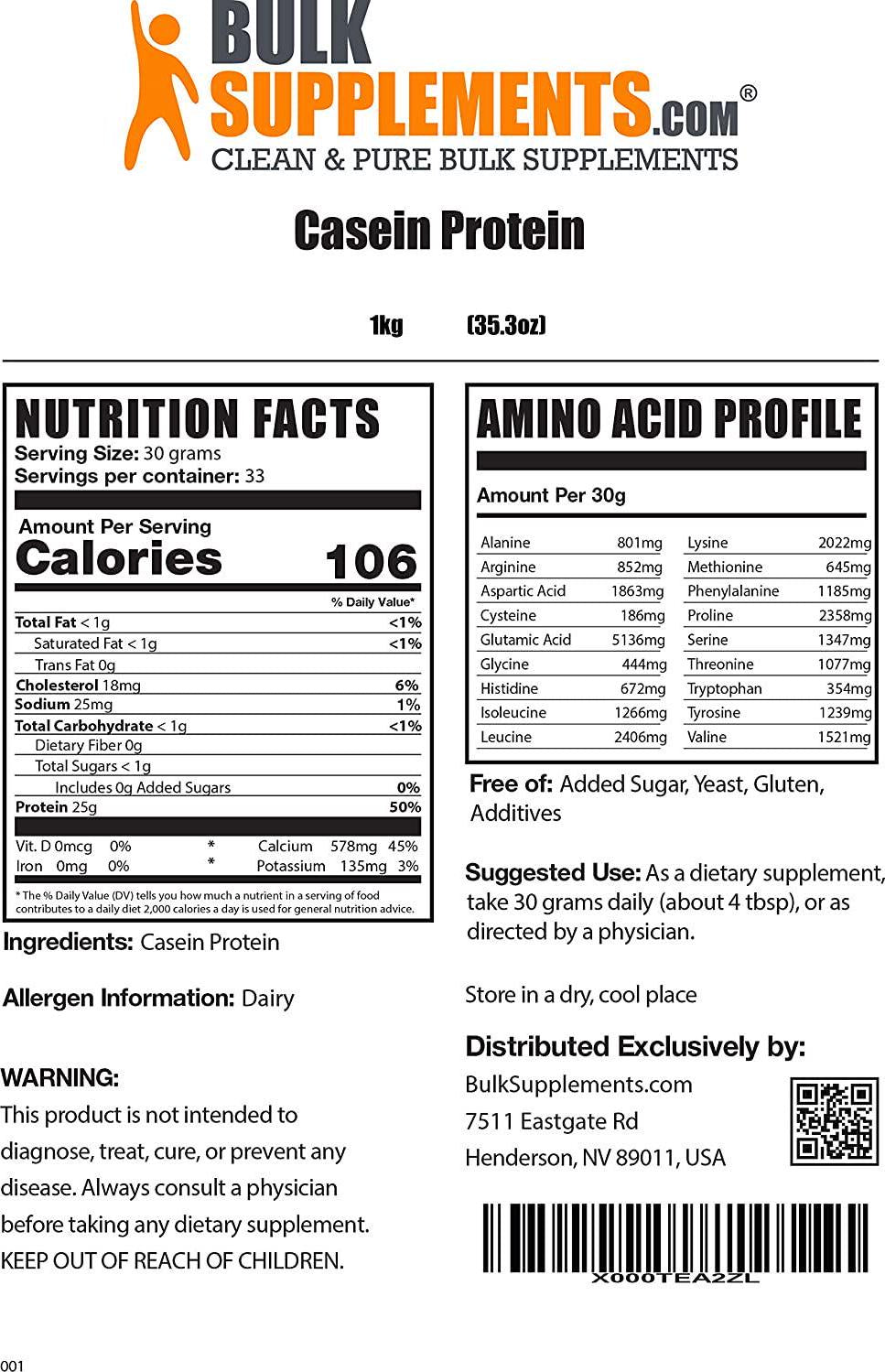 BulkSupplements.com Casein Protein Powder - Protein Supplement - Unflavored Protein Powder - Low Carb Protein Powder - Flavorless Protein Powder - Casein Powder (1 Kilogram - 2.2 lbs)