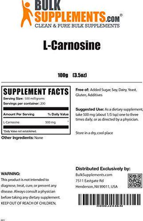 BulkSupplements.com L-Carnosine Powder Eye Supplement - Nerve Support - Amino for Brain (100 Grams - 3.5 oz)
