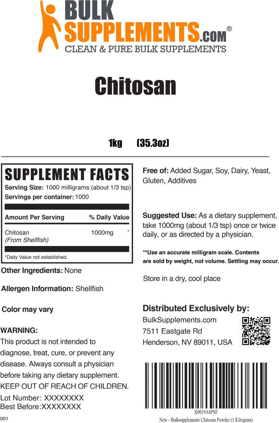 BulkSupplements.com Chitosan Powder - Chitosan Supplements for Kidney Support - Fiber Supplement - Cholesterol Supplements - Kidney Supplement (1 Kilogram - 2.2 lbs)