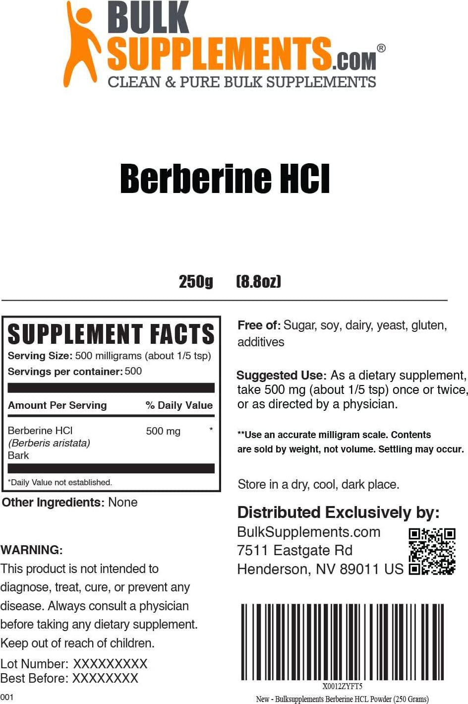 BulkSupplements.com Berberine HCl Powder - Berberine 500mg Supplement - Berberine Supplements - Berberine HCl 500mg Powder - HCl Supplement (250 Grams - 8.8 Oz)