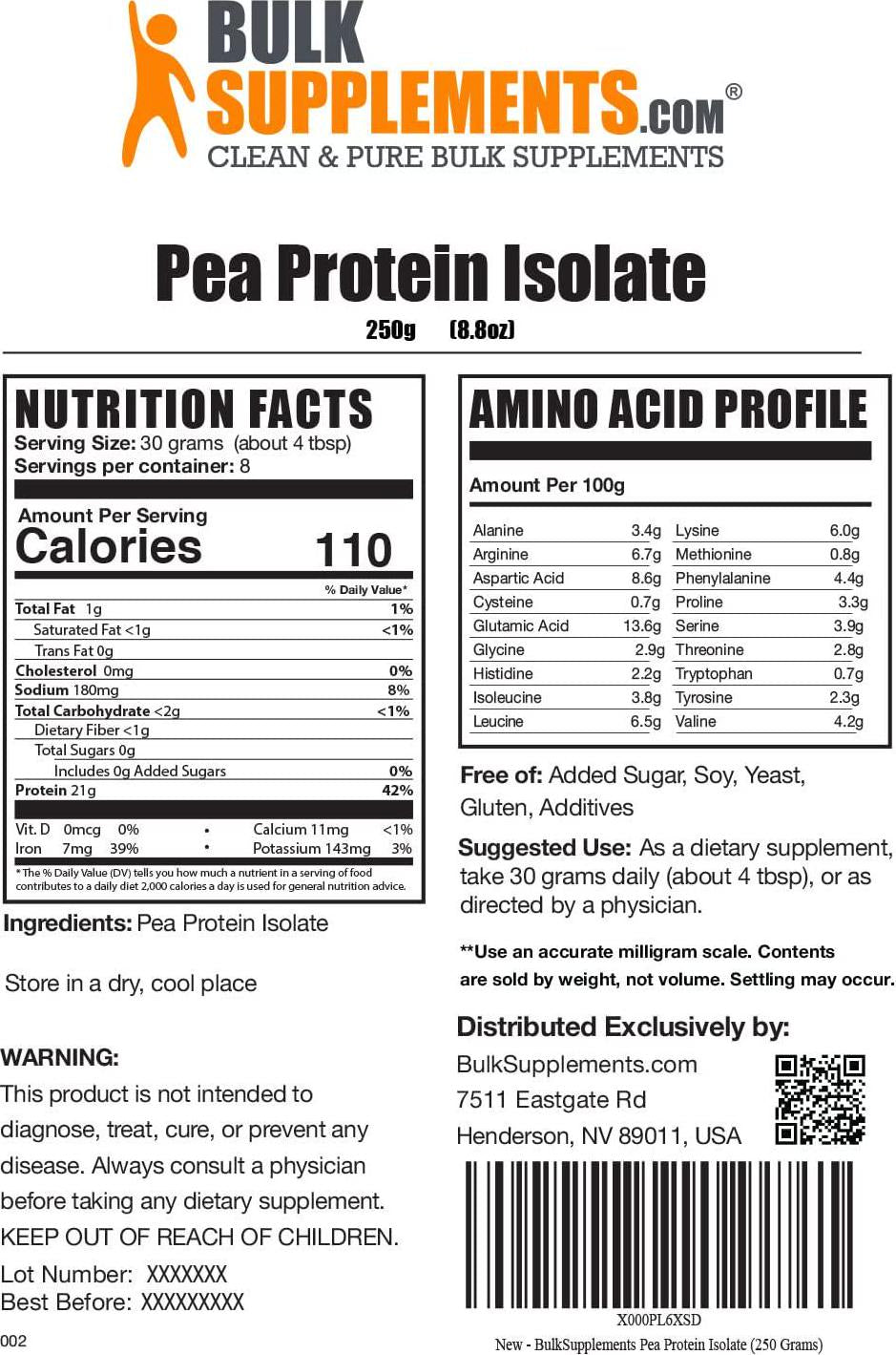 BulkSupplements.com Pea Protein Isolate - Vegan Protein Powder - Unflavored Protein Powder - Plant Based Protein Supplement - Pea Protein Powder - Plant Protein Powder (250 Grams - 8.8 oz)