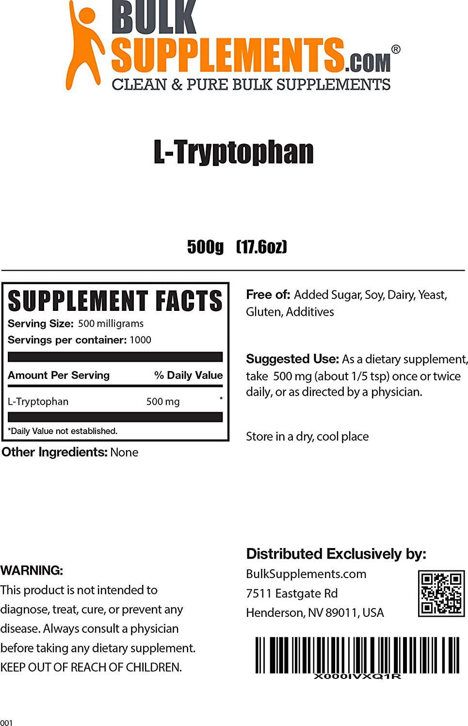BulkSupplements.com L-Tryptophan Powder - L Tryptophan 500mg - Sleep Supplement - Serotonin Supplement - Sleep Aid Natural - Serotonin Supplements (500 Grams - 1.1 lbs)