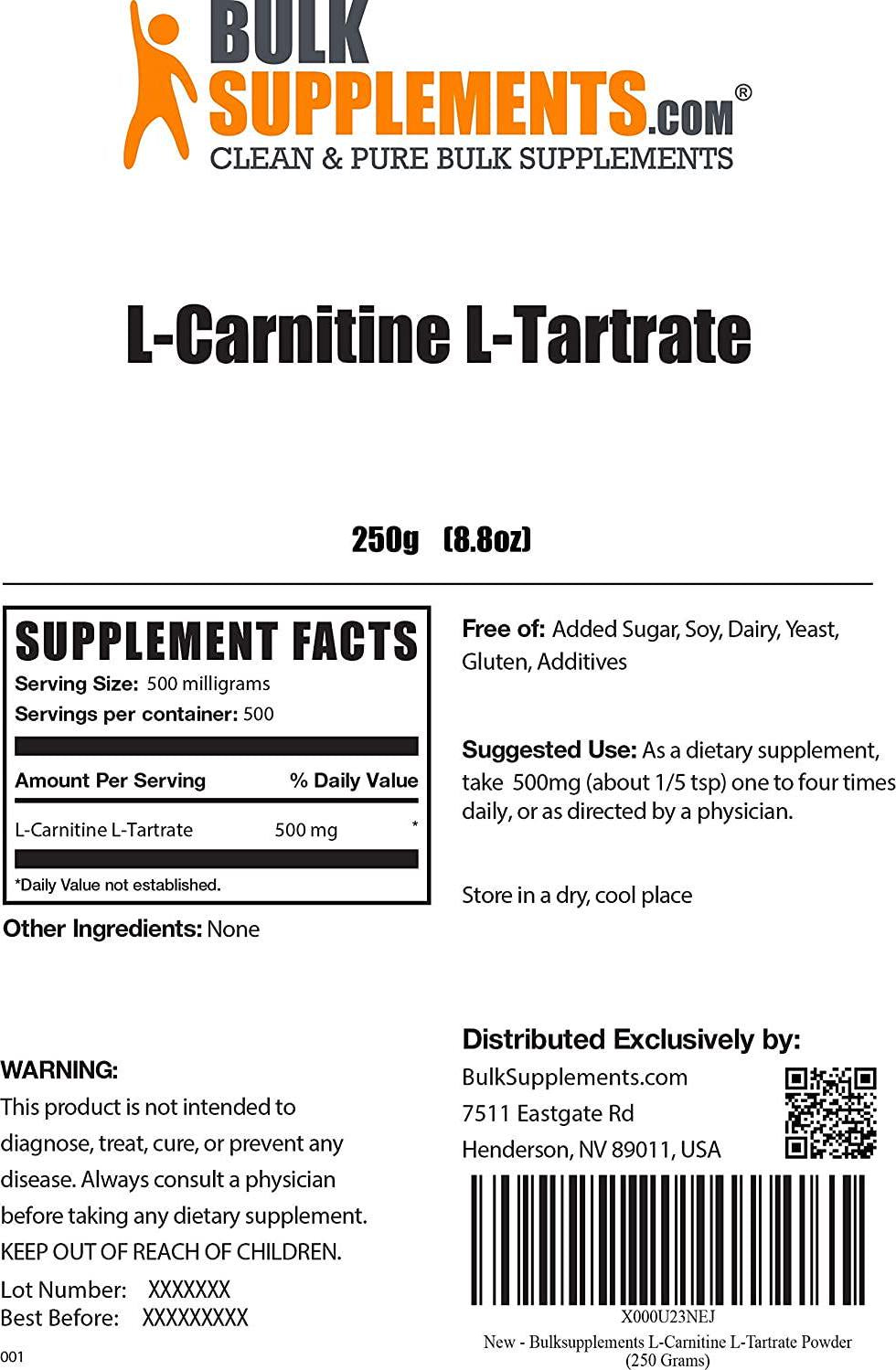 BulkSupplements.com L-Carnitine L-Tartrate Powder - Amino Acids Supplement - Carnitine Supplement - Carnitine Powder - L-Carnitine 500mg Powder - L Carnitine L Tartrate Powder (250 Grams - 8.8 oz)