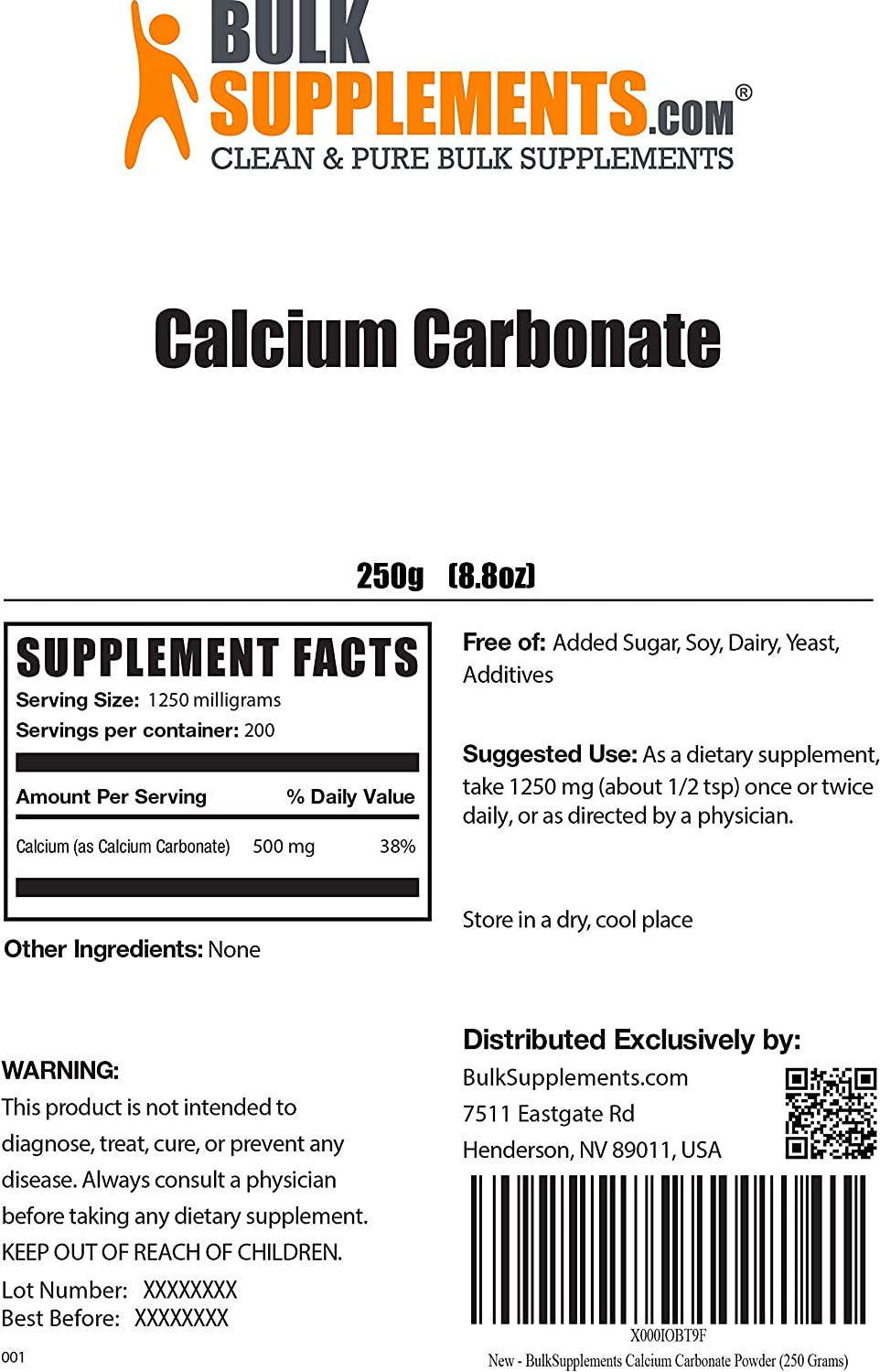 BulkSupplements.com Calcium Carbonate Powder - Calcium 500mg - Eggshell Powder - Chalk Powder - Vegan Calcium Supplements - Pure Calcium - Calcium Supplement - Bone Health Calcium (250 Grams - 8.8 oz)