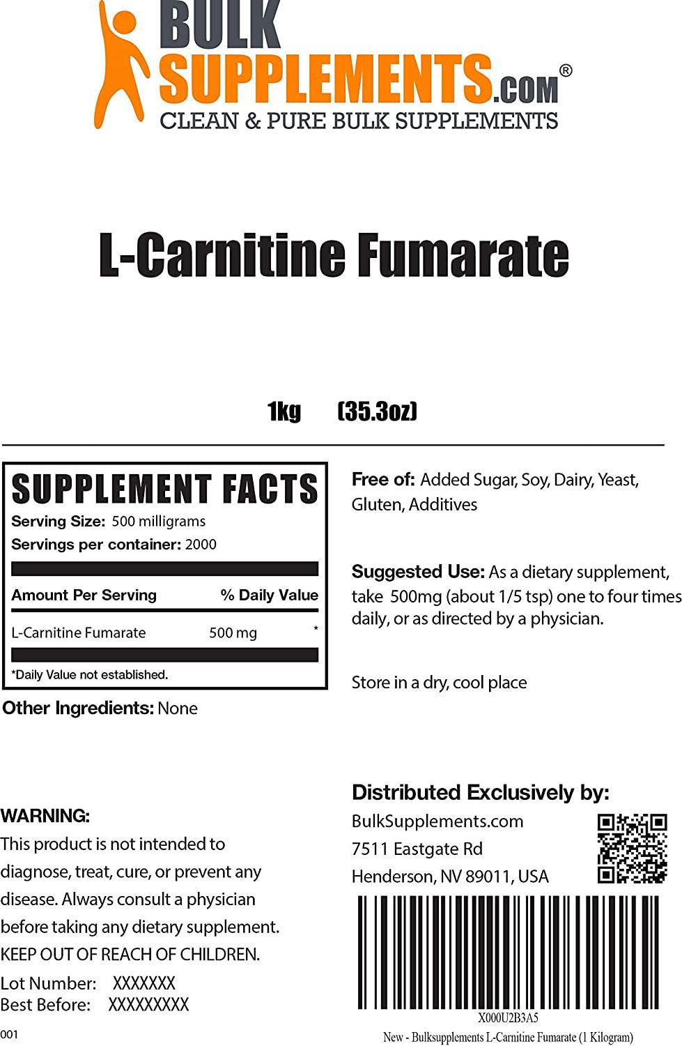 BulkSupplements.com L-Carnitine Fumarate Powder - Amino Acid Supplement - L-Carnitine 500mg Powder - Amino Acids Supplement for Men and Women - L Carnitine Supplement (1 Kilogram - 2.2 lbs)