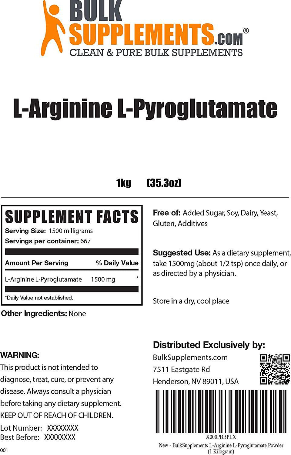 BulkSupplements.com L-Arginine L-Pyroglutamate - Nitric Oxide Supplement - Blood Flow Supplement - Nitric Oxide Supplements for Men (1 Kilogram)
