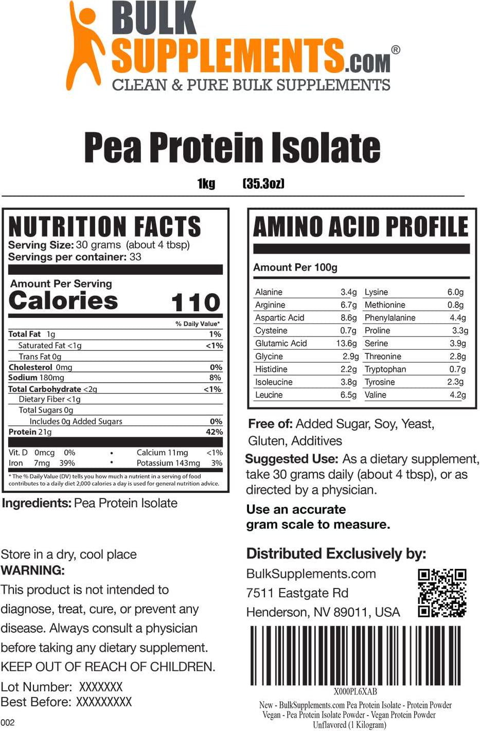 BulkSupplements.com Pea Protein Isolate - Pea Protein Powder - Vegan Protein Powder - Plant Protein Powder - Unflavored Protein Powder - Plant Based Protein Supplement (1 Kilogram - 2.2 lbs)