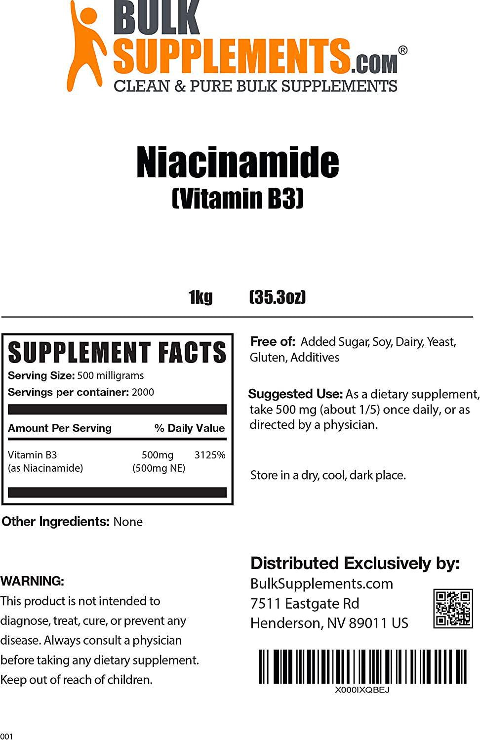 BulkSupplements.com Vitamin B3 (Niacinamide) Powder - Niacinamide 500mg - Niacinamide Powder - B3 Vitamins - Niacin 500mg - Niacin 500mg Flush Free - vitamin b for dogs (100 Grams - 3.5 oz)