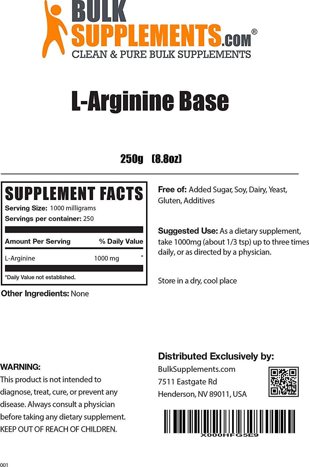 BulkSupplements.com L-Arginine Base - Nitric Oxide Supplement - L Arginine Supplement - Nitric Oxide Powder - L-Arginine Nutritional Supplements - L Arginine Powder (250 Grams - 8.8 oz)