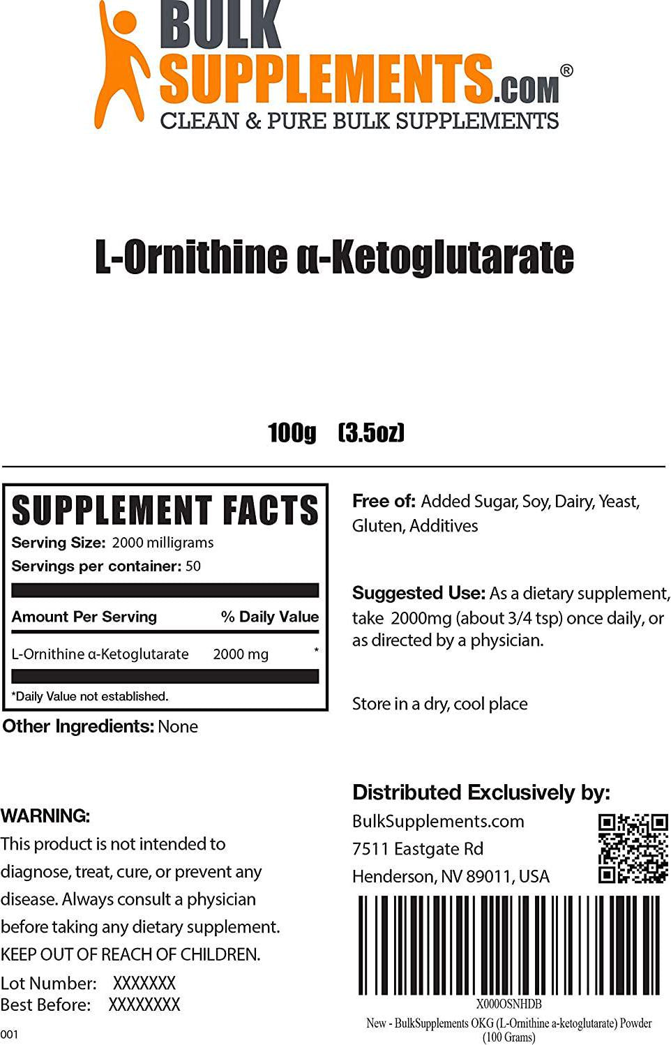 BulkSupplements.com OKG (L-Ornithine a-Ketoglutarate) Powder - Nitric Oxide Supplement - Energy Supplement - Oxygen Boost - Nitric Oxide Booster - Muscle Mass (100 Grams - 3.5 oz)