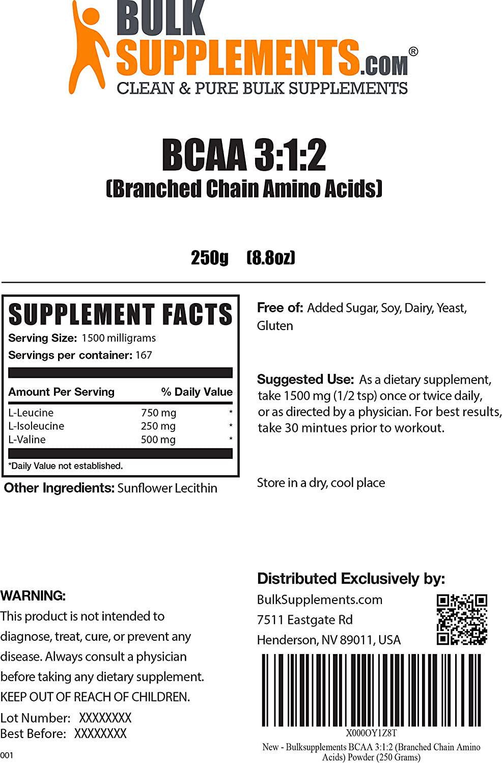 BulkSupplements.com BCAA 3:1:2 (Branched Chain Amino Acids) Powder - BCAAs Amino Acids - Amino Acids Supplement - BCAA Powder - Muscle Building Supplements - Vegan Pre Workout (250 Grams - 8.8 oz)