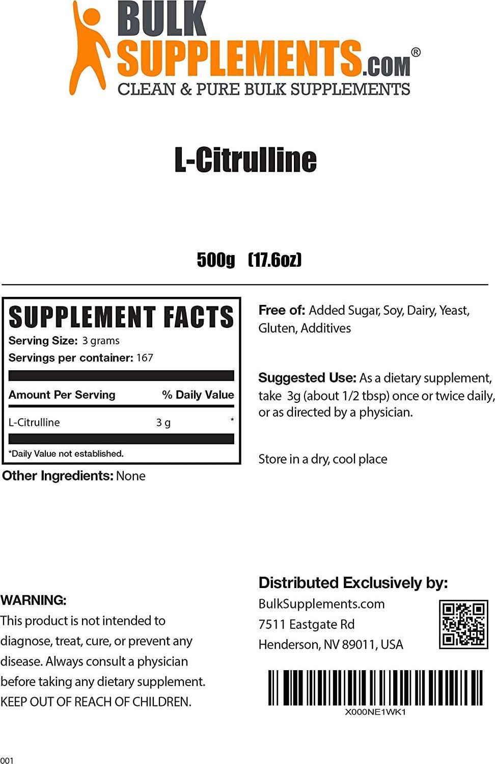 BulkSupplements.com L-Citrulline Powder - Unflavored Pre Workout - Vegan Pre Workout - Circulation Supplements - Citrulline Supplement - L Citrulline Powder (500 Grams - 1.1 lbs)