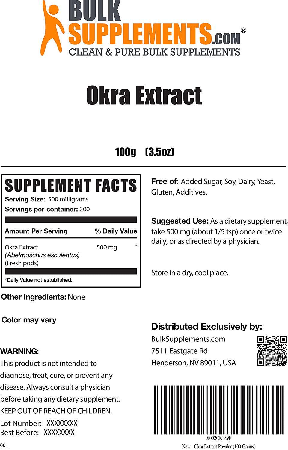 BulkSupplements.com Okra Extract Powder - Digestion Supplement - High Fiber Supplements (100 Grams - 3.5 oz)