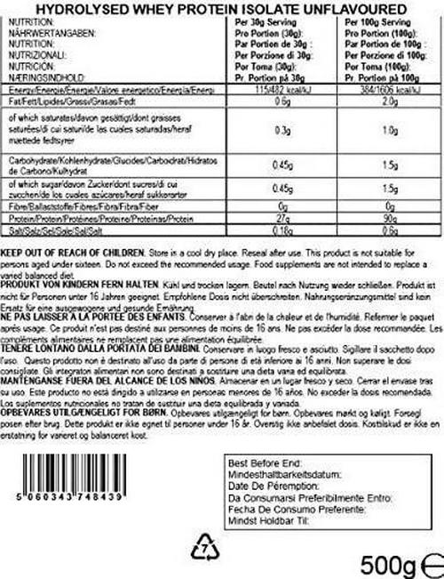 Bulk Hydrolysed Whey Protein Isolate, Protein Shake, Unflavoured, 500 g, Packaging May Vary