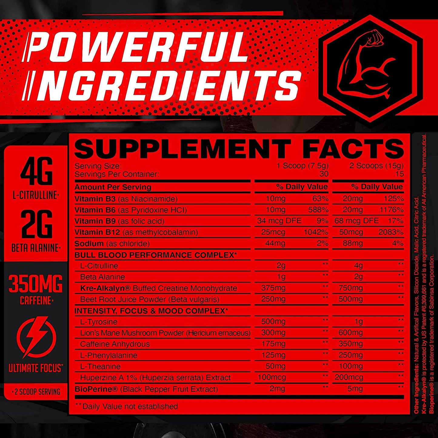 Bull Blood Ultimate Energy Boost - Extra Strength Energy, Focus, Blood Flow and Muscle Growth with Nitric Oxide, Creatine, Lion's Mane, Effective Pre Workout and Nitric Oxide Booster for Men and Women