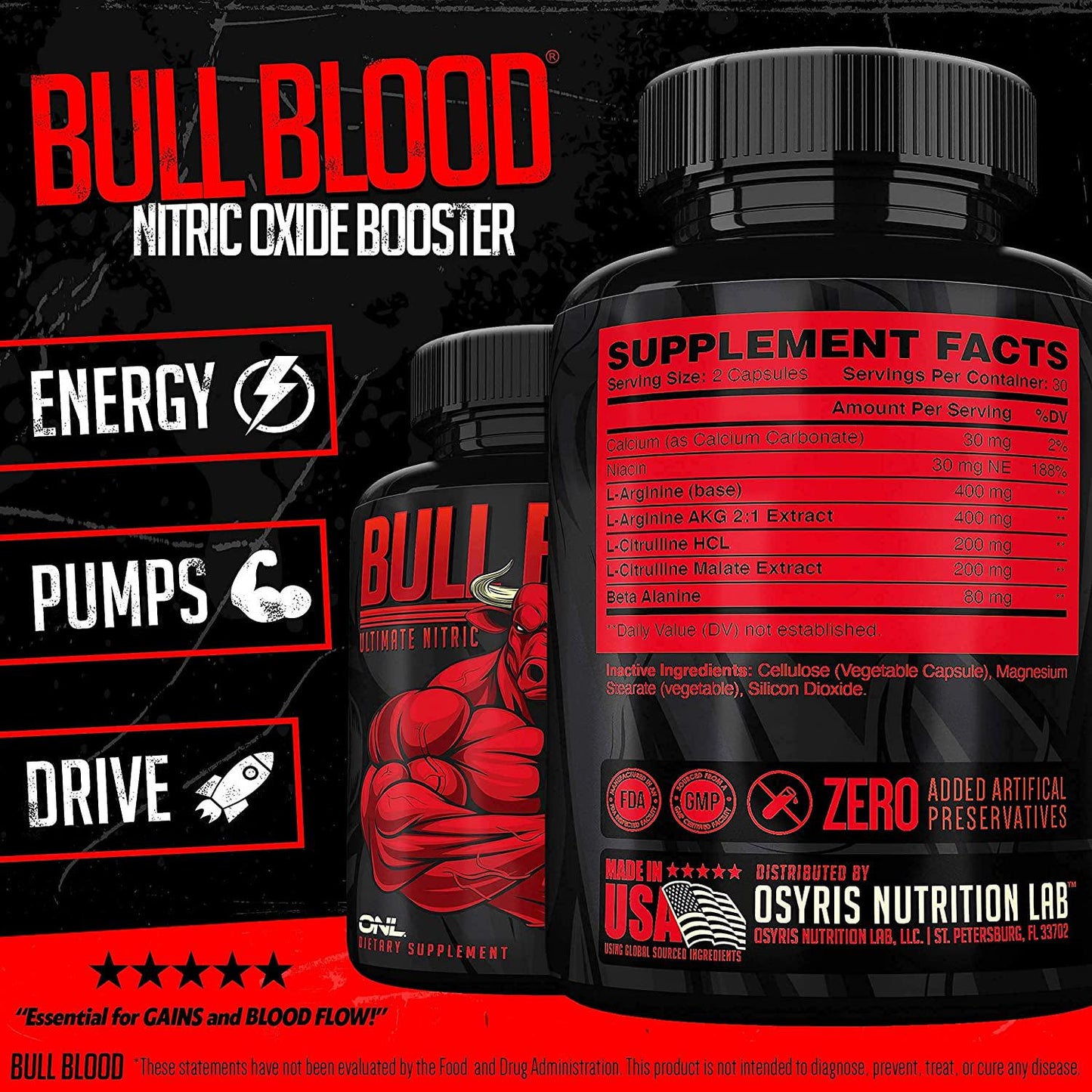 Bull Blood Ultimate Energy Boost - Extra Strength Energy, Focus, Blood Flow and Muscle Growth with Nitric Oxide, Creatine, Lion's Mane, Effective Pre Workout and Nitric Oxide Booster for Men and Women