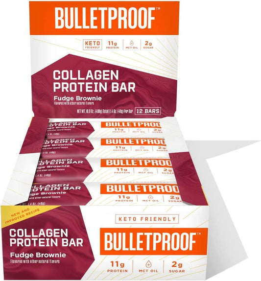 Bulletproof Fudge Brownie Collagen Protein Bars, Pack of 12, Keto-Friendly Snack with MCT Oil