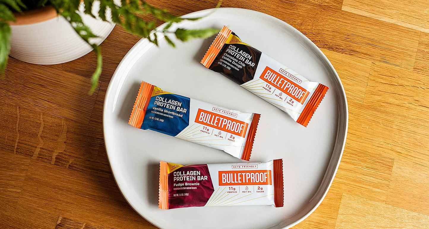 Bulletproof Fudge Brownie Collagen Protein Bars, Pack of 12, Keto-Friendly Snack with MCT Oil