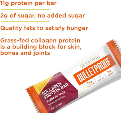 Bulletproof Fudge Brownie Collagen Protein Bars, Pack of 12, Keto-Friendly Snack with MCT Oil