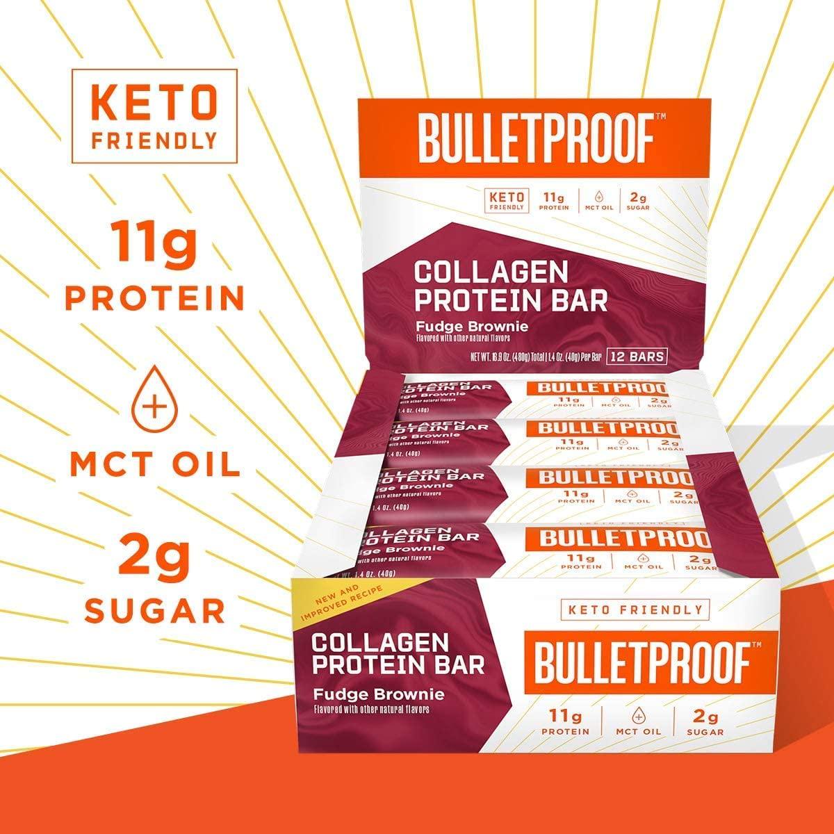 Bulletproof Fudge Brownie Collagen Protein Bars, Pack of 12, Keto-Friendly Snack with MCT Oil