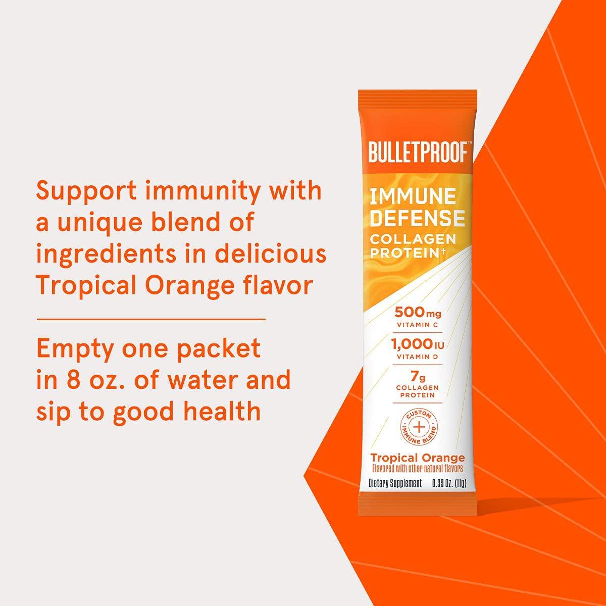 Bulletproof Sugar-Free Immune Defense Tropical Orange Flavored Collagen Protein Packets, 14 Count, Keto-Friendly Collagen Protein with Vitamins C and D