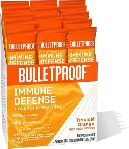 Bulletproof Sugar-Free Immune Defense Tropical Orange Flavored Collagen Protein Packets, 14 Count, Keto-Friendly Collagen Protein with Vitamins C and D