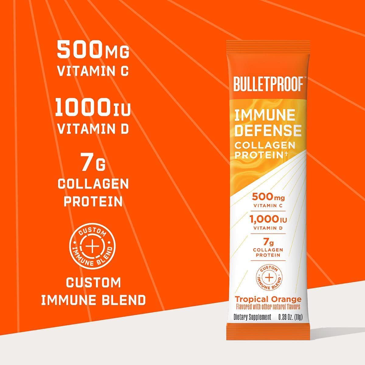 Bulletproof Sugar-Free Immune Defense Tropical Orange Flavored Collagen Protein Packets, 14 Count, Keto-Friendly Collagen Protein with Vitamins C and D