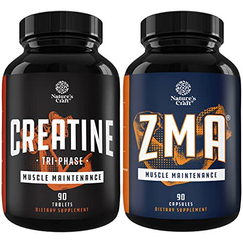 Bundle of Tri Phase Creatine Pills 5g and ZMA Supplements - Muscle Mass Gainer and Muscle Recovery - Muscle Growth Mineral Complex
