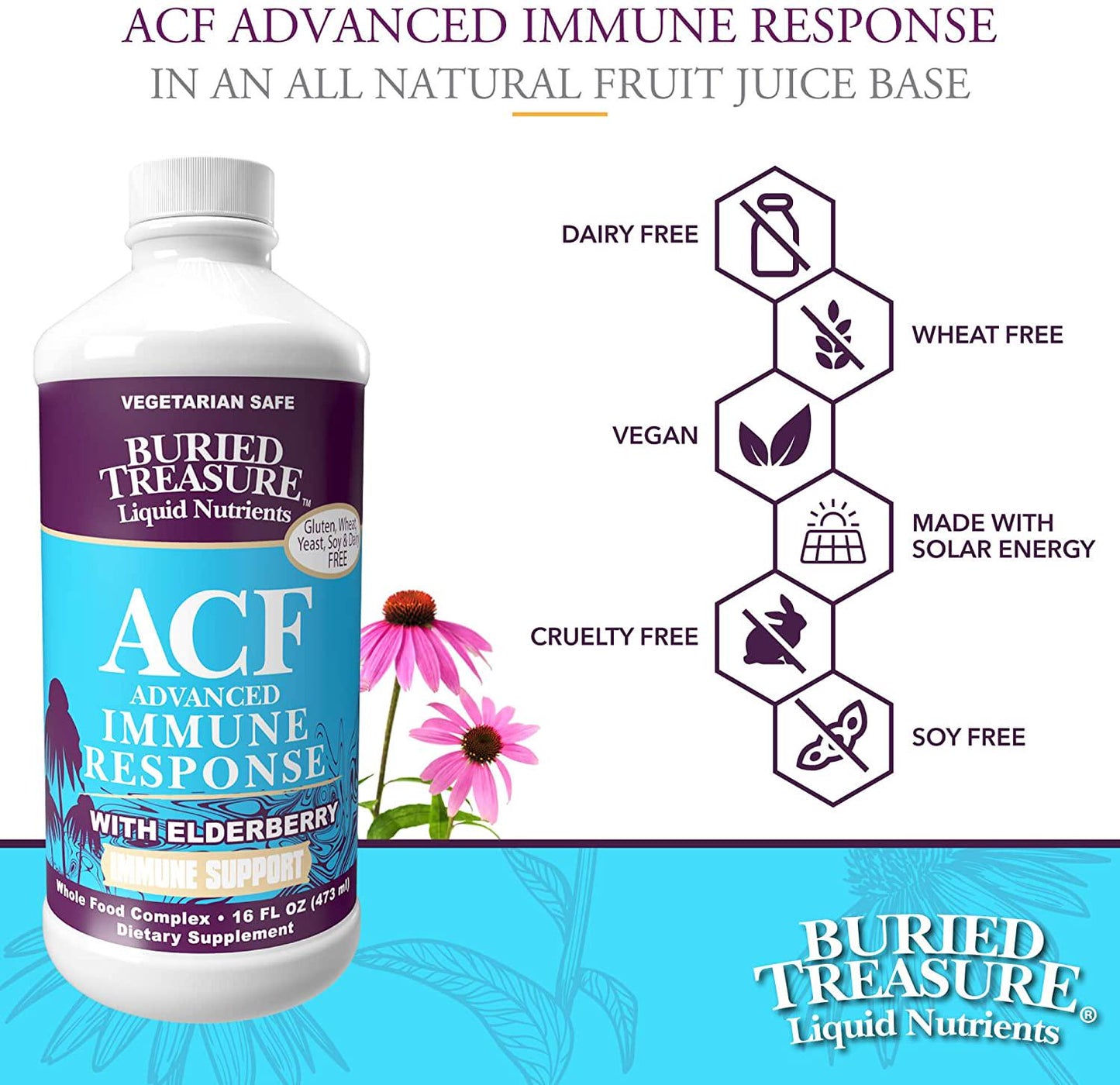 Buried Treasure ACF Advanced Immune Response with 1,000 mg Vitamin C, Elderberry, Echinacea and Herbal Blend for Daily Immune System Support Supplement, 16 oz. with Dose Cup