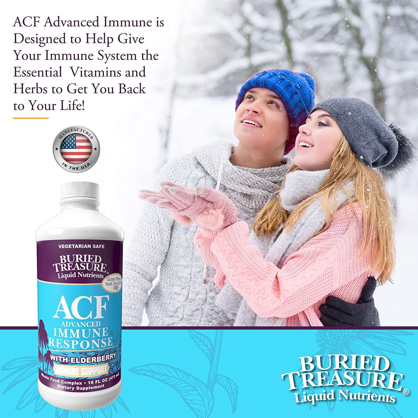Buried Treasure ACF Advanced Immune Response with 1,000 mg Vitamin C, Elderberry, Echinacea and Herbal Blend for Daily Immune System Support Supplement, 16 oz. with Dose Cup