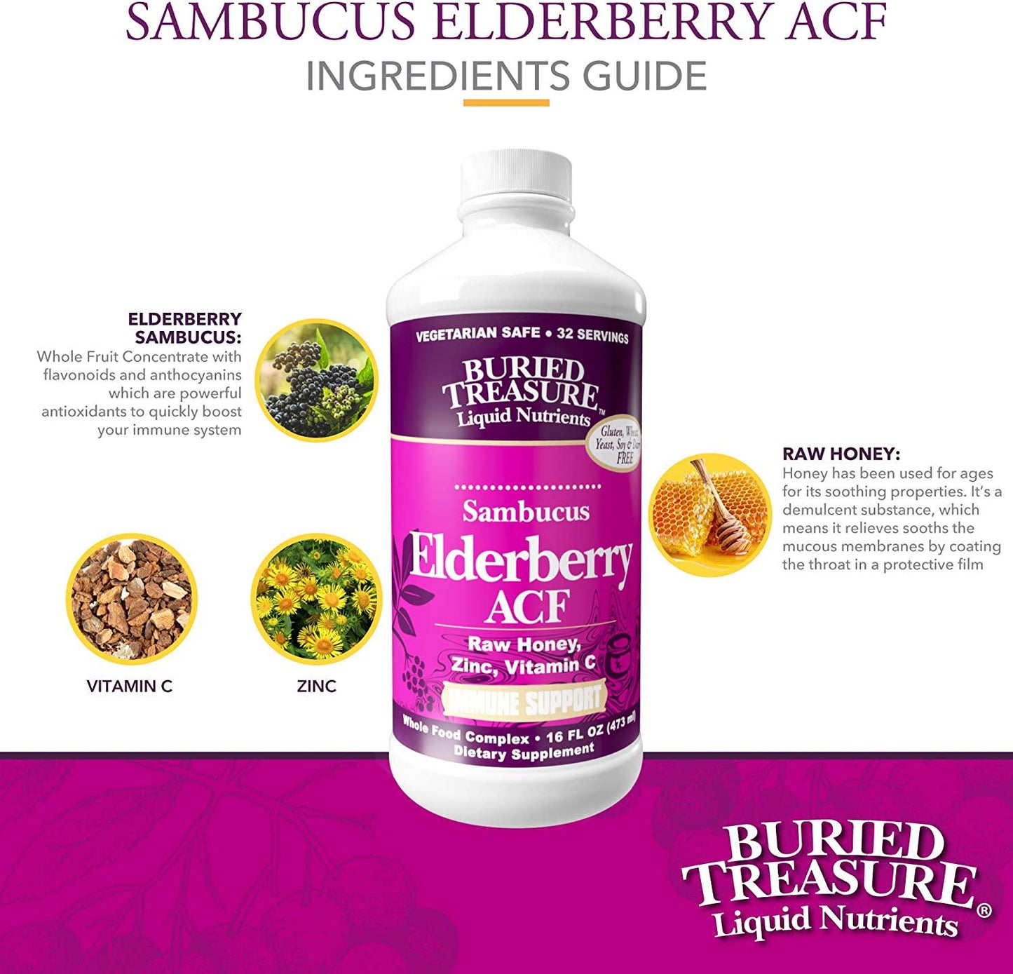 Buried Treasure Elderberry ACF with 4,000 mg Elderberry Sambucus Whole Fruit Concentrate, Vitamin C Plus Raw Local Honey Liquid Immune Support 16 oz