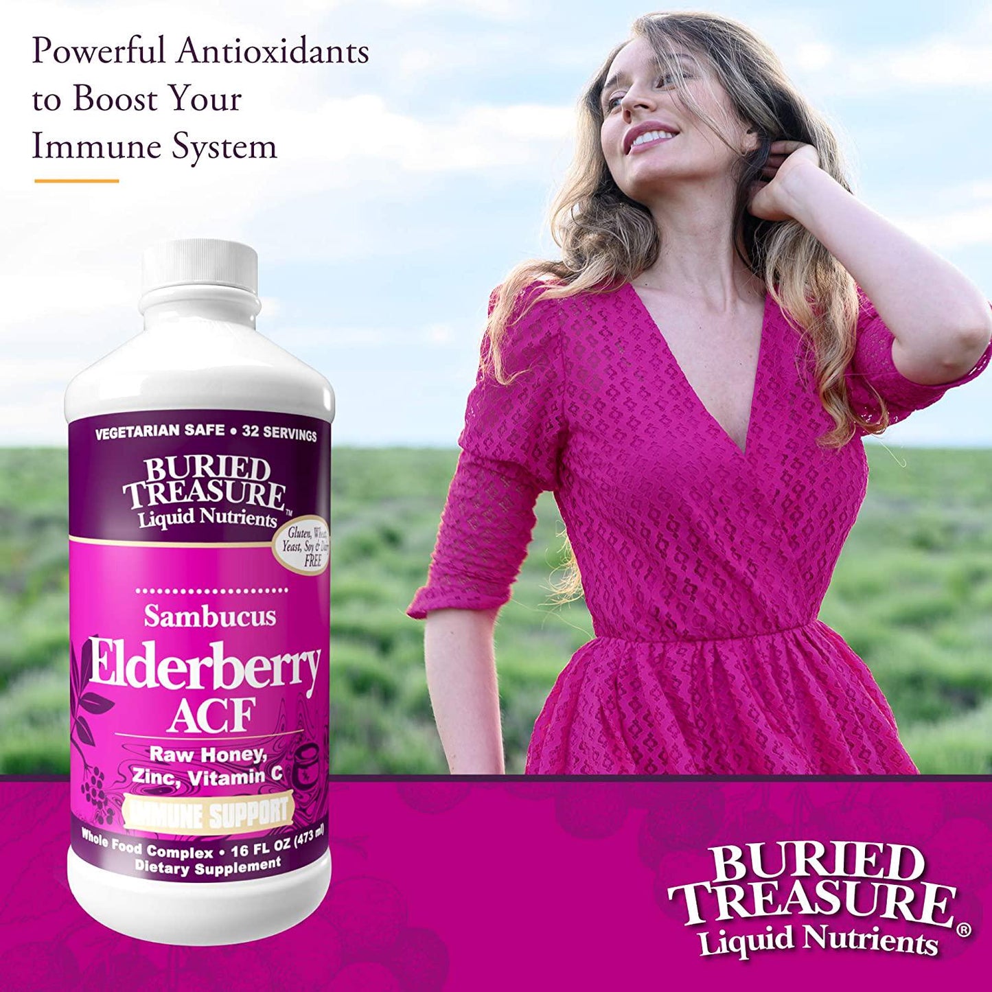 Buried Treasure Elderberry ACF with 4,000 mg Elderberry Sambucus Whole Fruit Concentrate, Vitamin C Plus Raw Local Honey Liquid Immune Support 16 oz