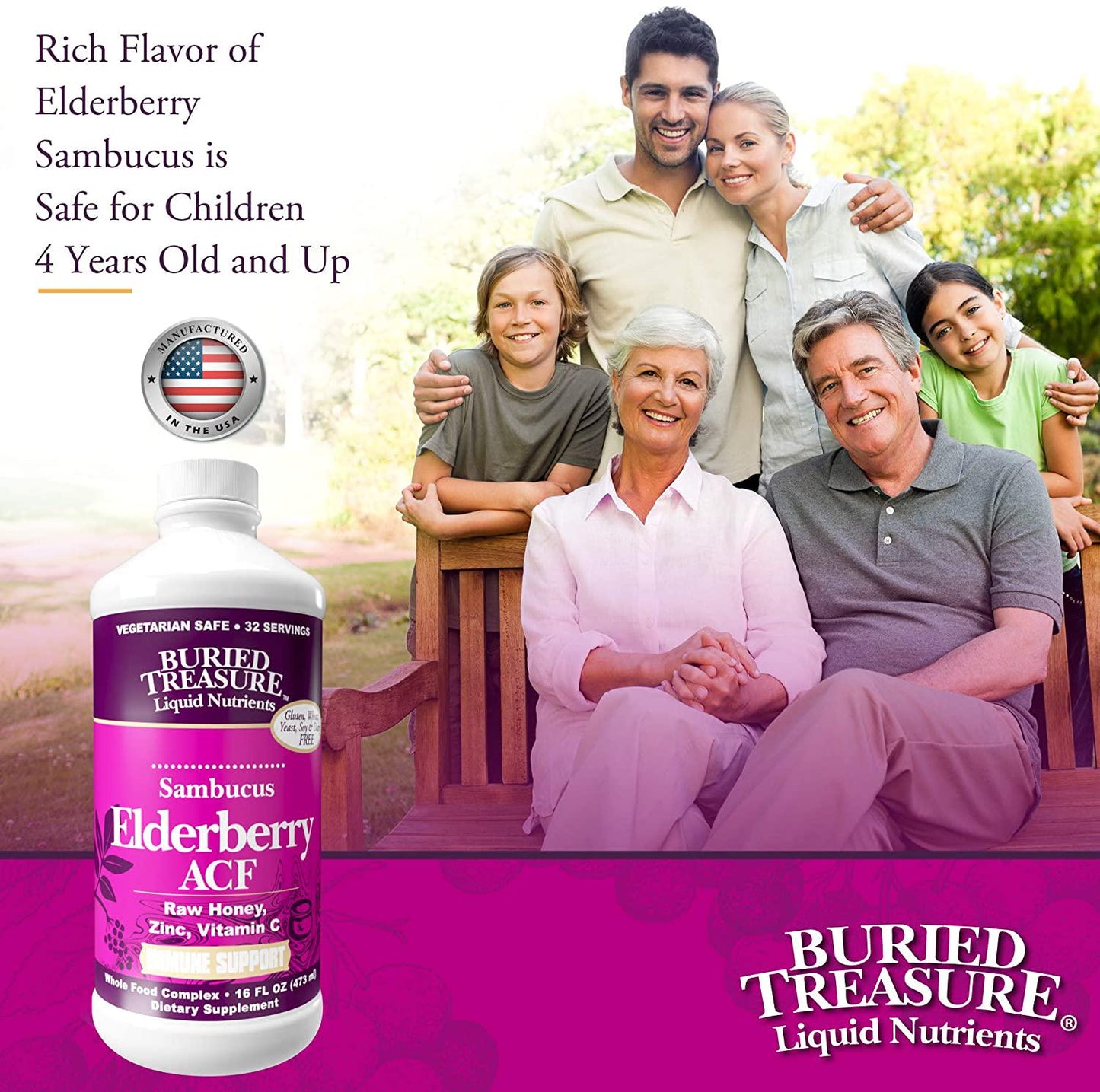 Buried Treasure Elderberry ACF with 4,000 mg Elderberry Sambucus Whole Fruit Concentrate, Vitamin C Plus Raw Local Honey Liquid Immune Support 16 oz