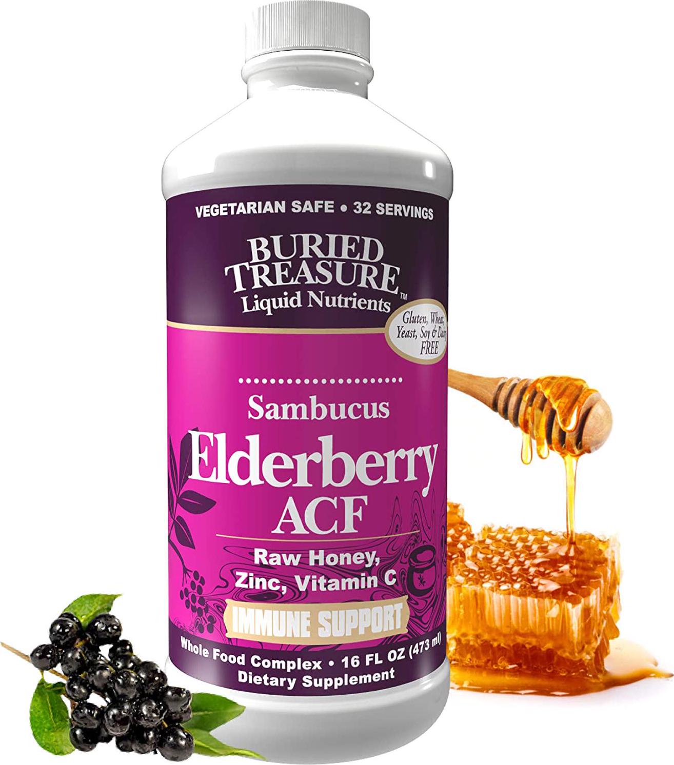 Buried Treasure Elderberry ACF with 4,000 mg Elderberry Sambucus Whole Fruit Concentrate, Vitamin C Plus Raw Local Honey Liquid Immune Support 16 oz