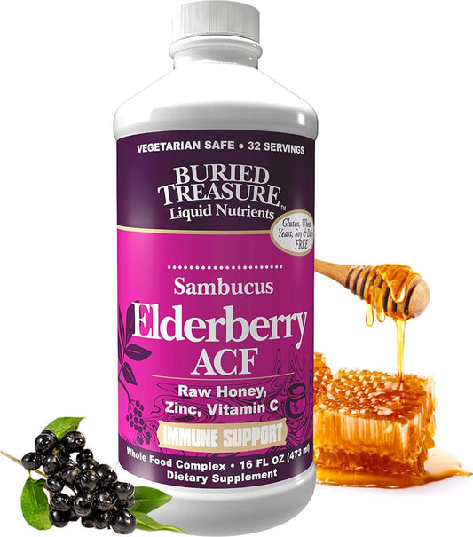 Buried Treasure Elderberry ACF with 4,000 mg Elderberry Sambucus Whole Fruit Concentrate, Vitamin C Plus Raw Local Honey Liquid Immune Support 16 oz