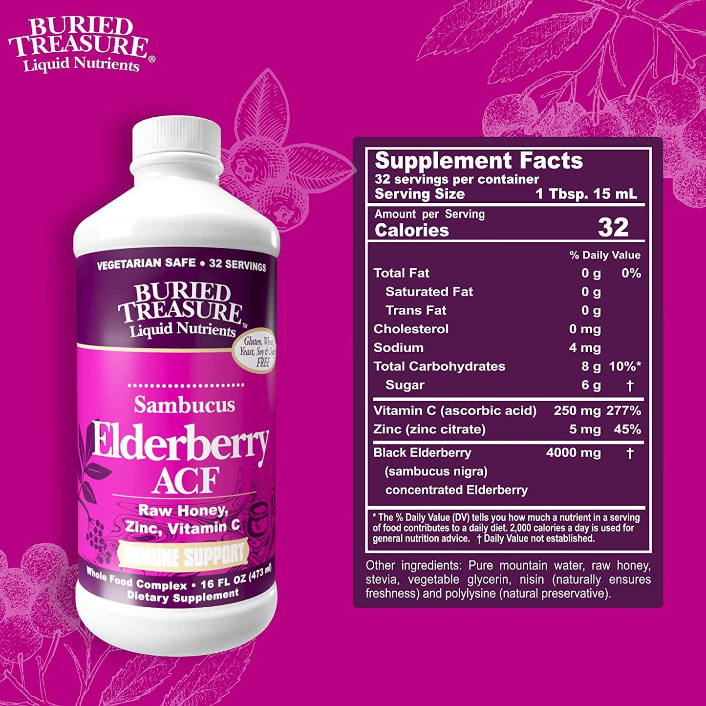 Buried Treasure Elderberry ACF with 4,000 mg Elderberry Sambucus Whole Fruit Concentrate, Vitamin C Plus Raw Local Honey Liquid Immune Support 16 oz