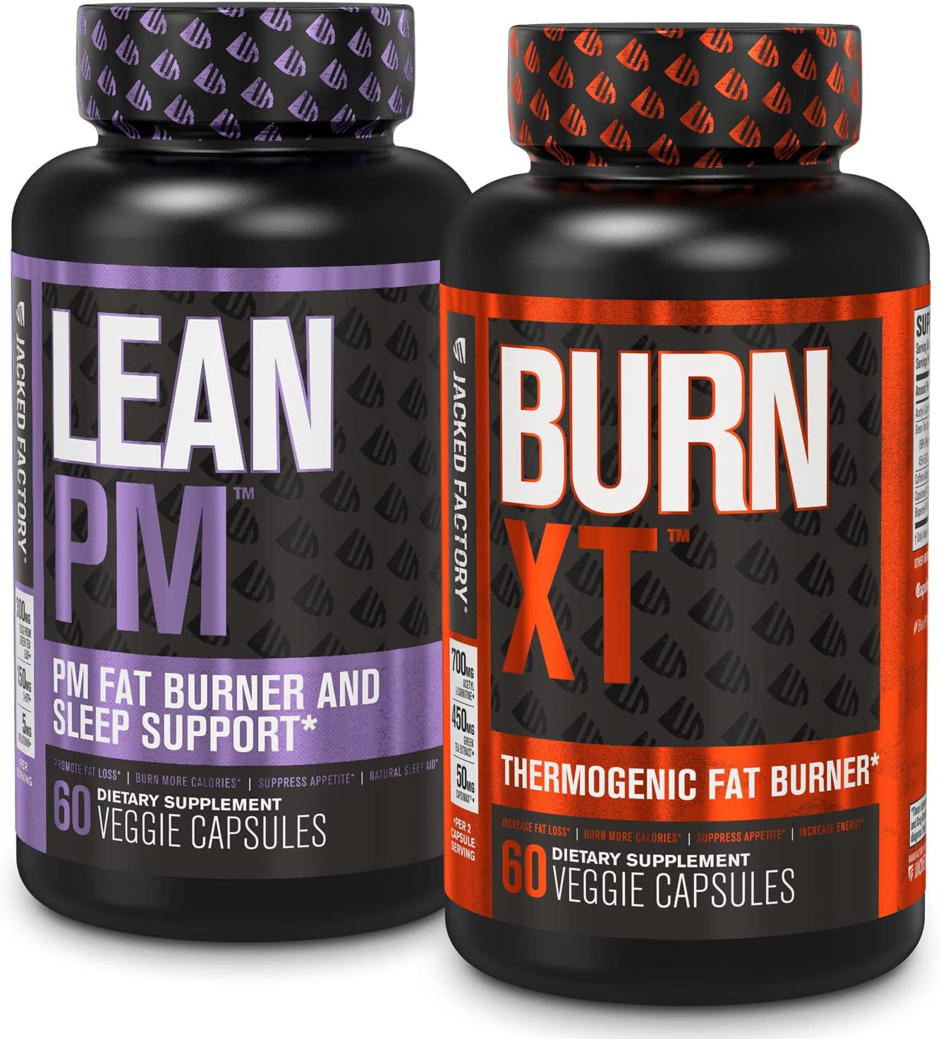 Burn XT Thermogenic Fat Burner and Lean PM Nighttime Weight Loss Supplement for Men and Women 60 Veggie Diet Pills