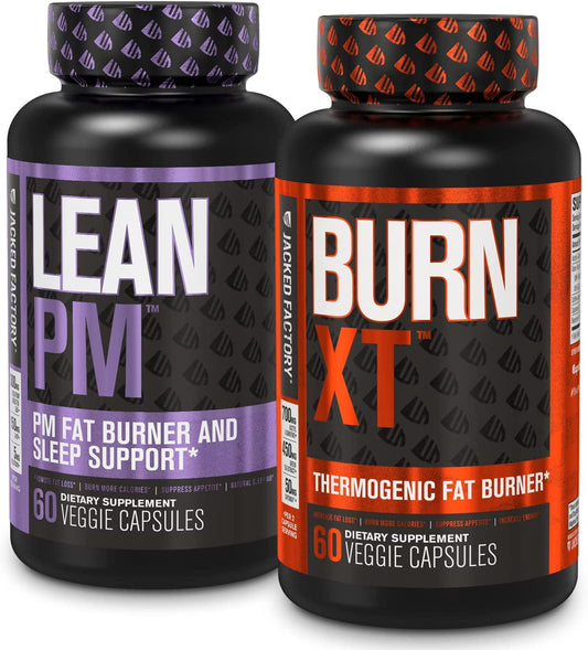 Burn XT Thermogenic Fat Burner and Lean PM Nighttime Weight Loss Supplement for Men and Women 60 Veggie Diet Pills