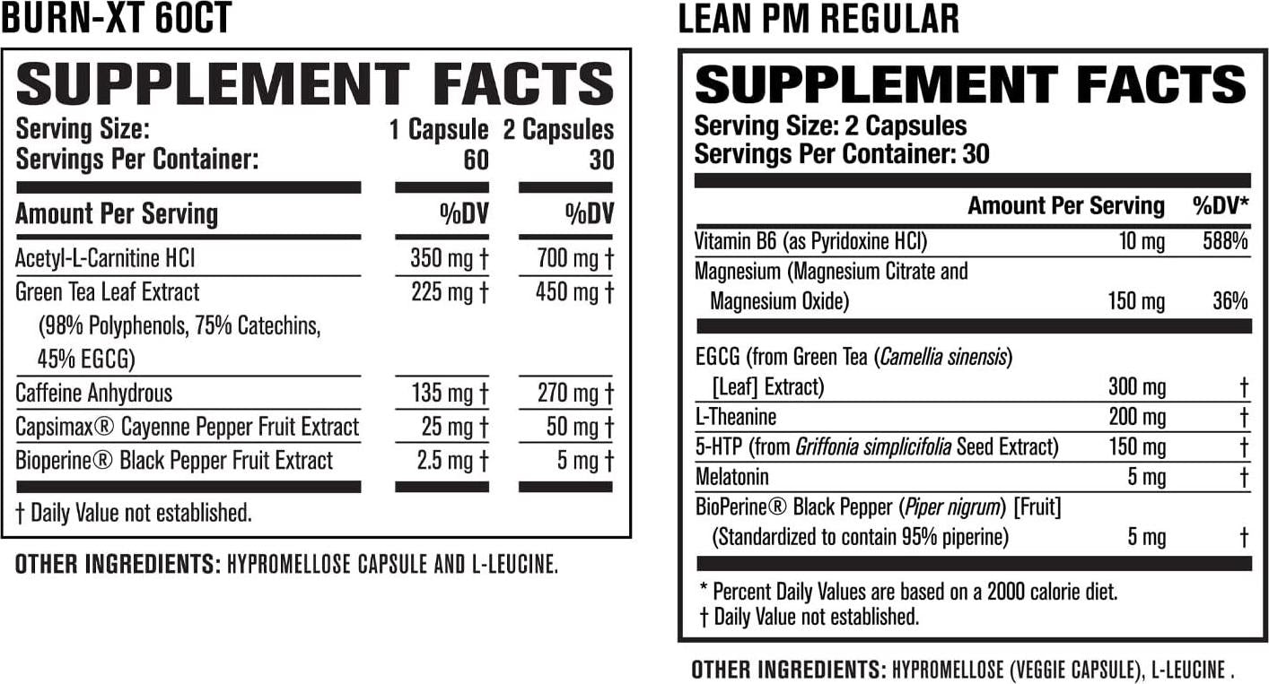 Burn XT Thermogenic Fat Burner and Lean PM Nighttime Weight Loss Supplement for Men and Women 60 Veggie Diet Pills