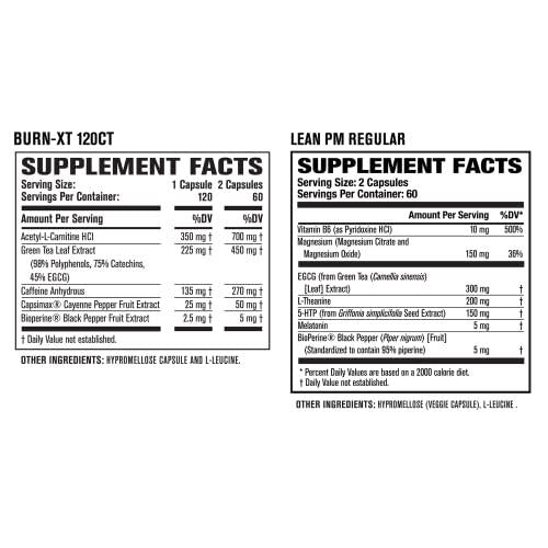 Burn XT Thermogenic Fat Burner and Lean PM Nighttime Weight Loss Supplement for Men and Women 120 Veggie Diet Pills