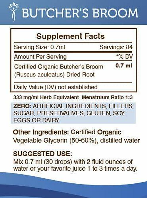 Butcher's Broom Alcohol-Free Liquid Extract, Organic Butcher's Broom (Ruscus aculeatus) Dried Root Tincture Supplement (2 FL OZ)
