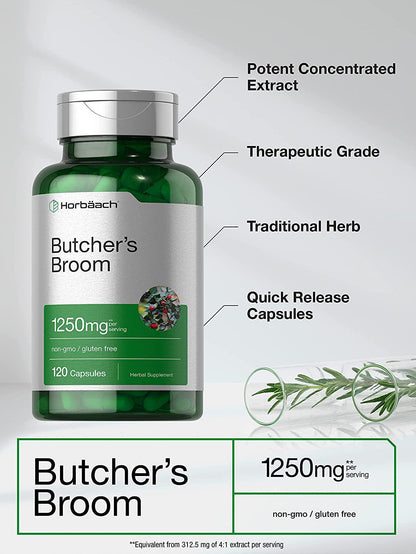 Butchers Broom Capsules 1250mg | 120 Count | Max Potency | Non-GMO, Gluten Free | Traditional Herb Root Extract Supplement | by Horbaach