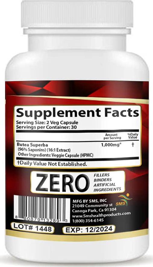 Butea Superba Root by SMS 1,000mg | 60 Vegetable Capsules | Male Performance Premium Supplement | Non GMO, Gluten Free Supplement | Organic