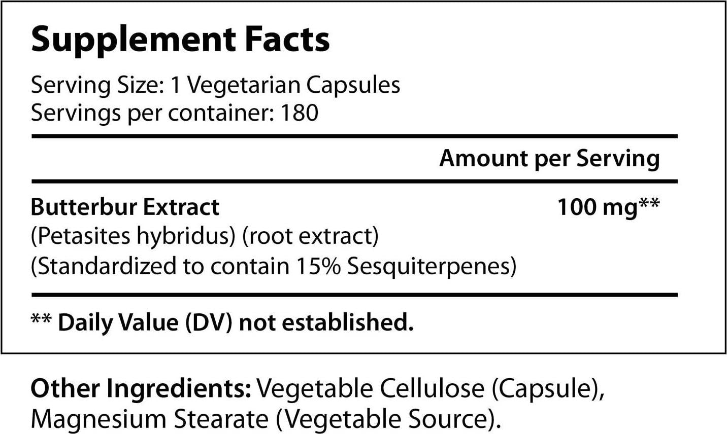 Butterbur Extract 100mg 180 Vegetarian Capsules | Made in USA | Natural Headache Supplement | Migraine and Allergy Relief | Supports Healthy Bladder and Inflammation | 100 mg Pure Powder Pill Formula